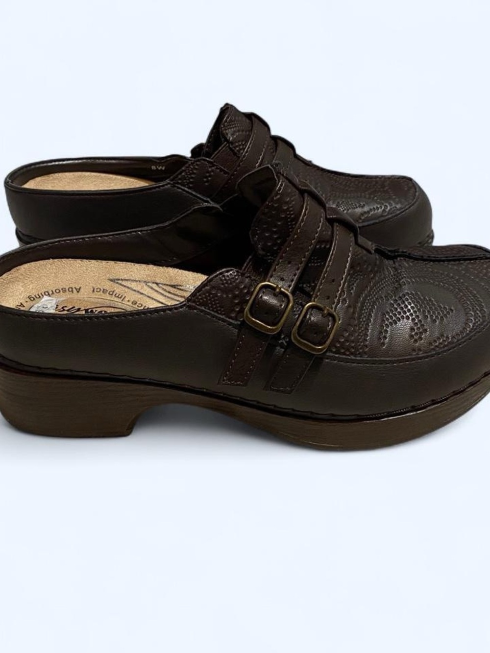 East Street brown clogs with buckle detail